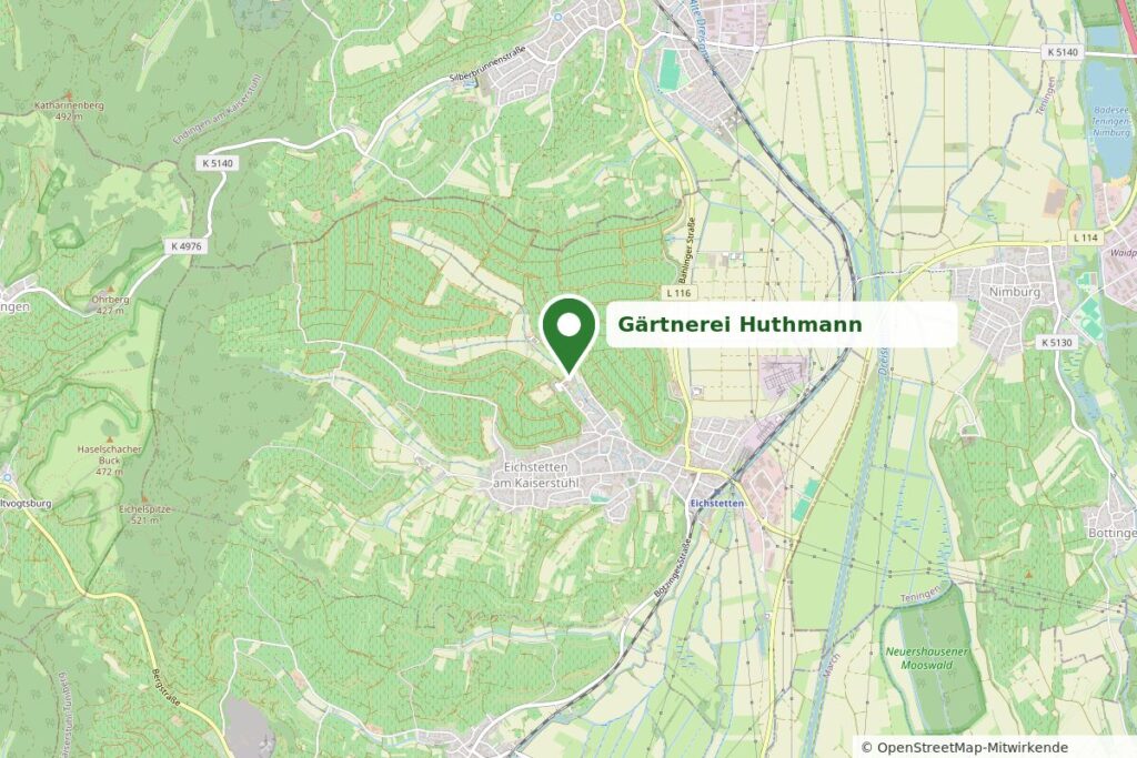 Karte: Lage der Gärtnerei Huthmann am nordwestlichen Ortsrand von Eichstetten am Kaiserstuhl